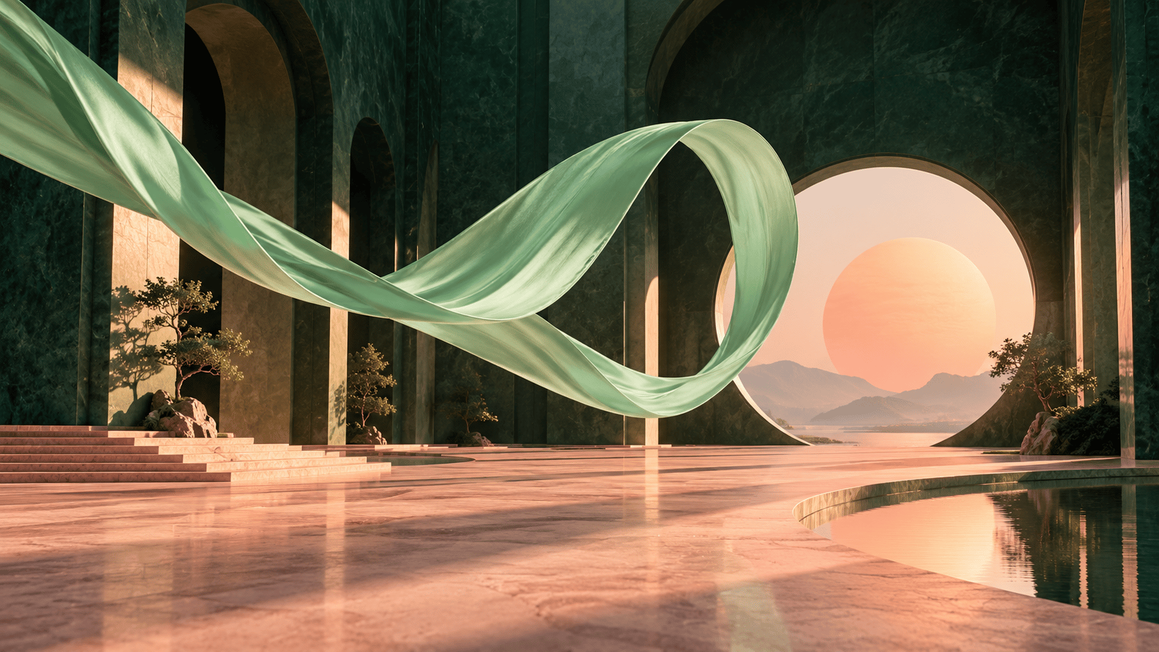 Original concept artwork of a mint silk ribbon suspended in an emerald architectural gallery